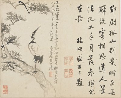 Landscapes, Flowers and Birds: Crane on Pine, Qing Dynasty by Luo Ping